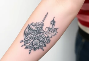 Saint Barbara carrying a sword detailed with a castle tower in the background, the sea, and roses tattoo idea