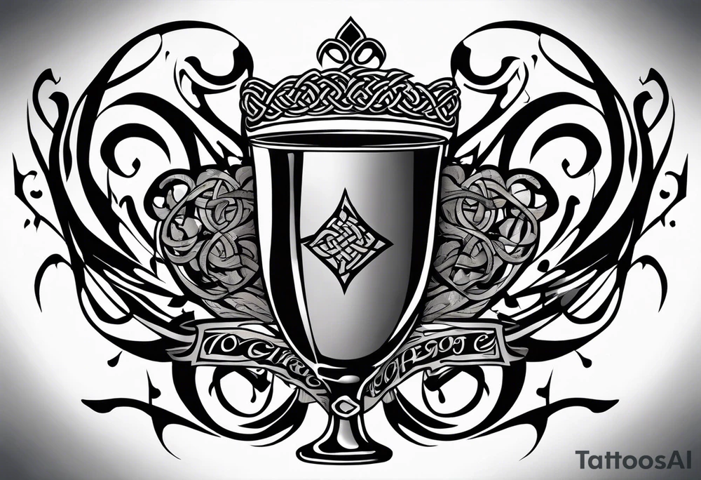 "Cheers Mate" text black and grey ink armband +Celtic +grey Cancer Ribbon +tribal +artistic tattoo idea