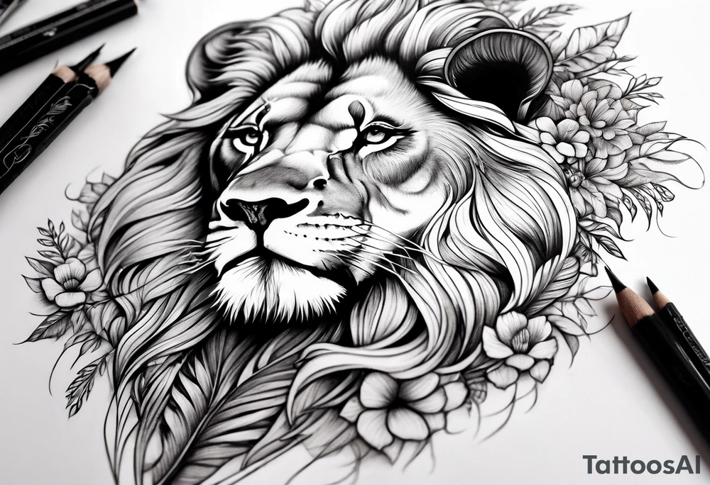 Feminine lion with feathers floral sleeve tattoo idea