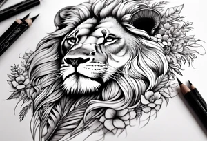 Feminine lion with feathers floral sleeve tattoo idea