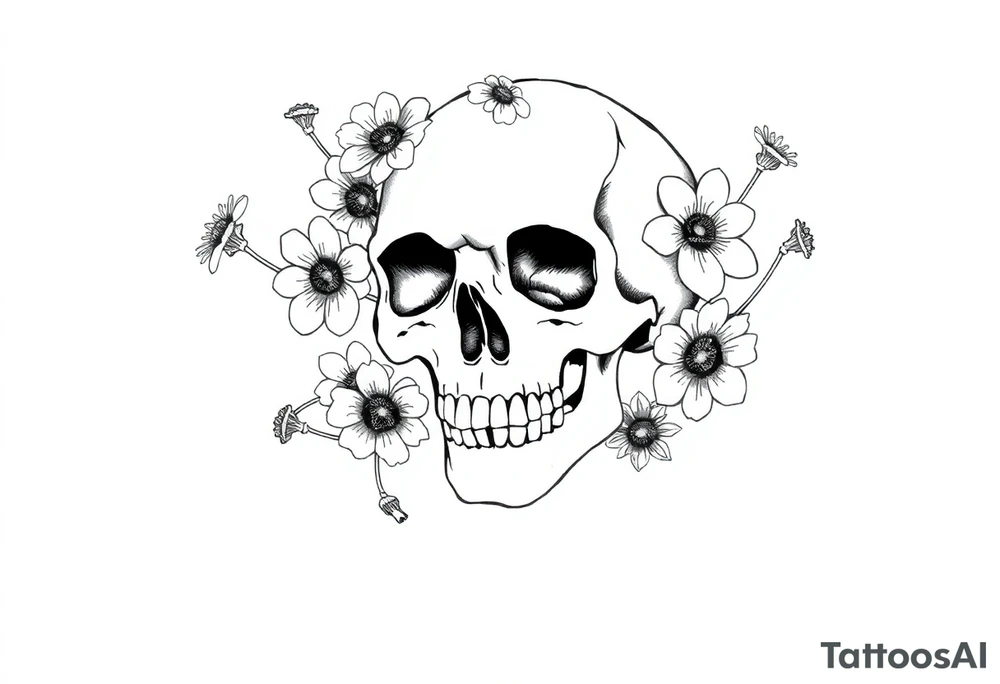 Skull surrounded by honeysuckles and dandelions tattoo idea Skull surrounded by honeysuckles and dandelions tattoo idea