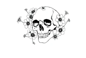 Skull surrounded by honeysuckles and dandelions tattoo idea