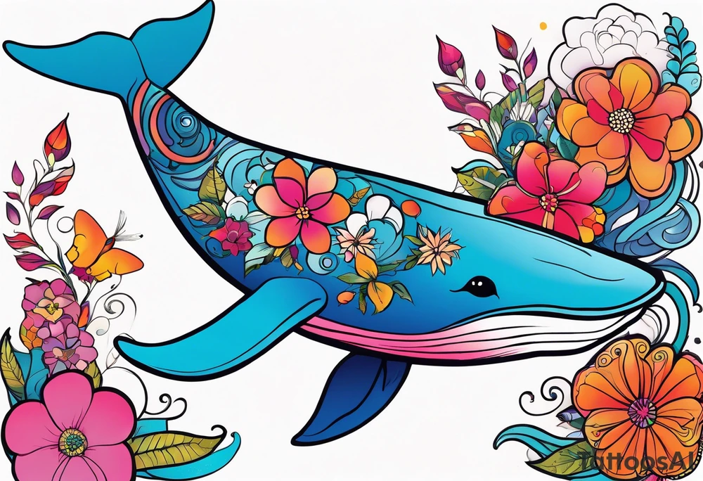 Small whale, hummingbird, face, flowers, bold color, collage, pink, orange, red, hot air balloon tattoo idea