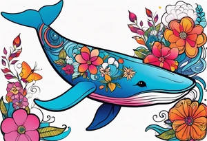 Small whale, hummingbird, face, flowers, bold color, collage, pink, orange, red, hot air balloon tattoo idea