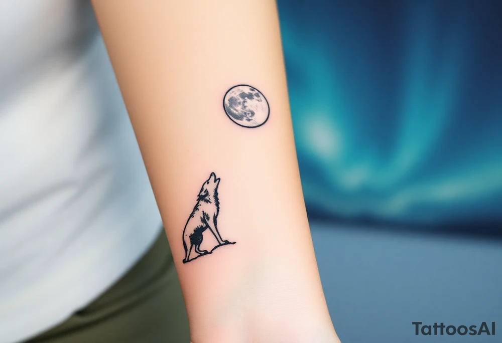 lone wolf howling at full moon with northern lights backdrop tattoo idea