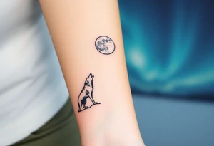 lone wolf howling at full moon with northern lights backdrop tattoo idea