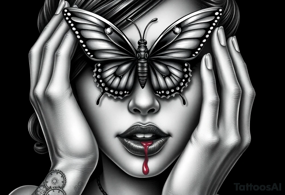 Black and grey realism tattoo design of a beautiful woman's face. And a butterfly landing g on her on the upper bridge of her nose so that the lower wings of the butterfly is covering both her eyes  the butterflys right lower wing is covering her right eye and the lower left of the butterfly wing is covering her left eye  (see no evil), she is bitting on her lip hard to where it is bleeding bright red(speak no evil). Wuth her left hand iver her left ear and her right hard over her right ear ( hear no evil )The style is black and grey realism, hyper-realistic, dark, and evil. Incorporate ninja gear elements and mechanical details (gears) subtly into the background or clothing for a gear ninja evil look. Design for a full forearm sleeve placement tattoo idea