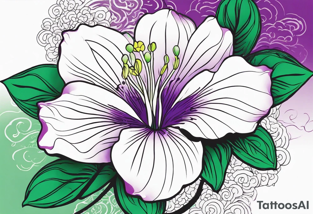 An outline of a rio dipladenia flower with a brush stroke green and purple background tattoo idea