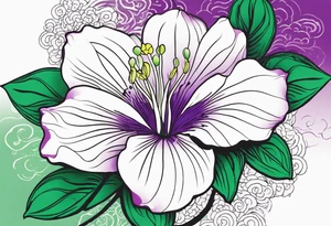 An outline of a rio dipladenia flower with a brush stroke green and purple background tattoo idea