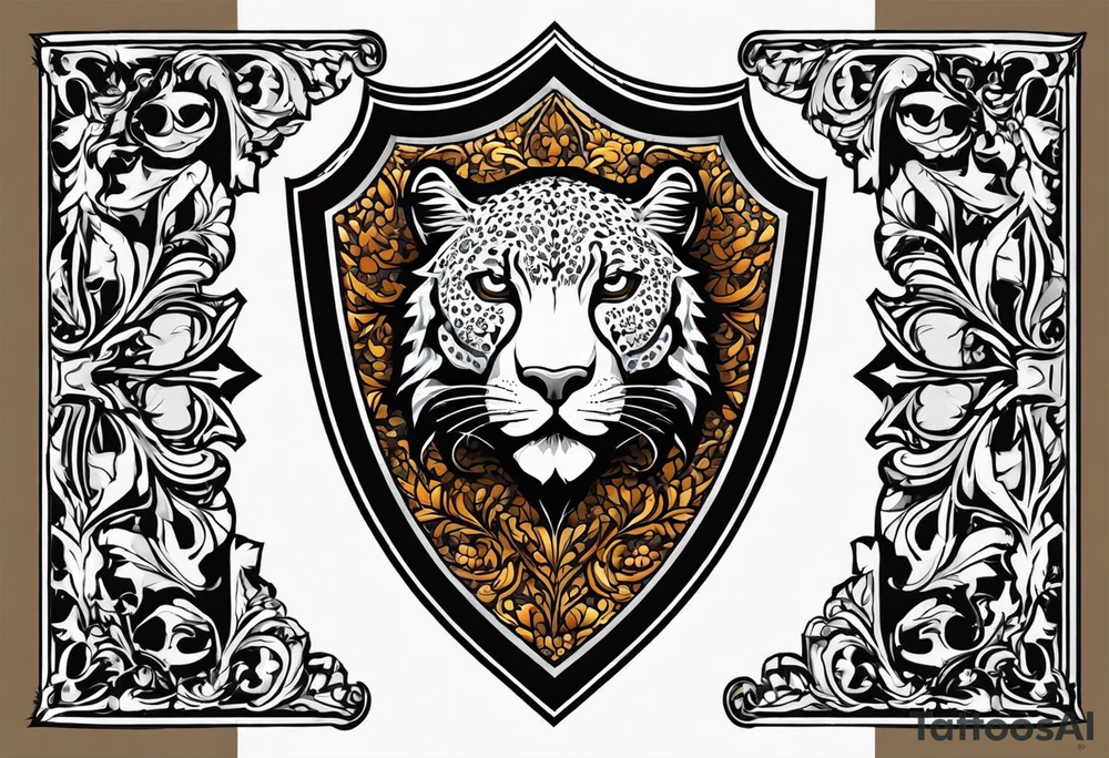 A shield with small leopar head as shield's emblem. The shield would be hang on a ivy planted wall tattoo idea