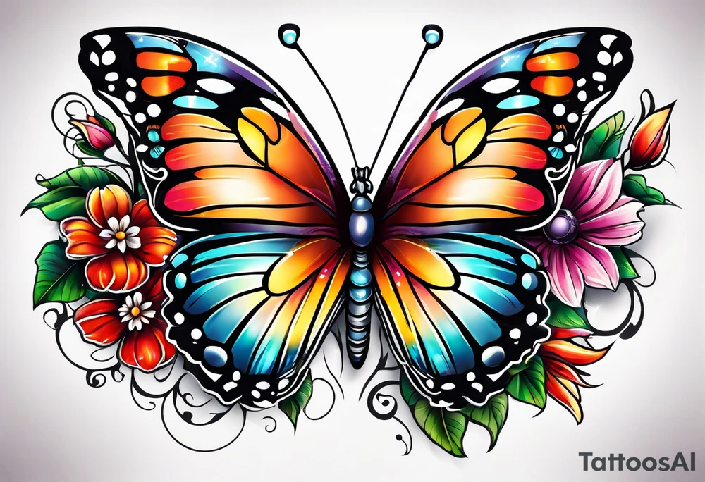 Sleeve with butterflies and colorful flowers tattoo idea