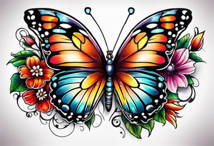 Sleeve with butterflies and colorful flowers tattoo idea