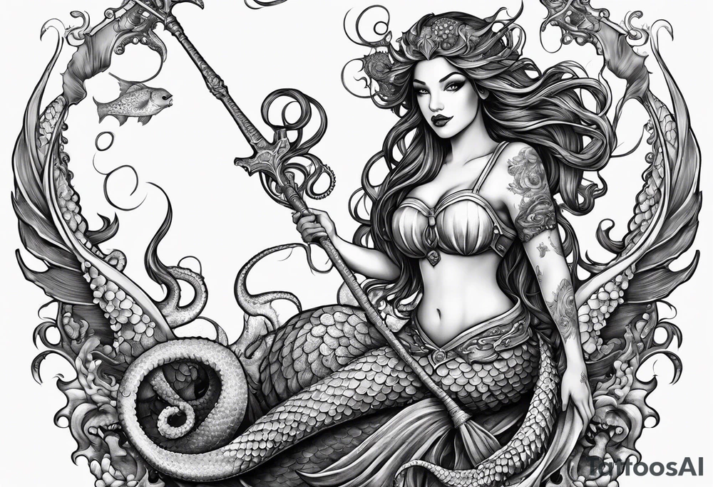 Evil mermaid holding trident with seahorse and octopus tentacles tattoo idea