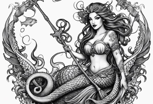 Evil mermaid holding trident with seahorse and octopus tentacles tattoo idea