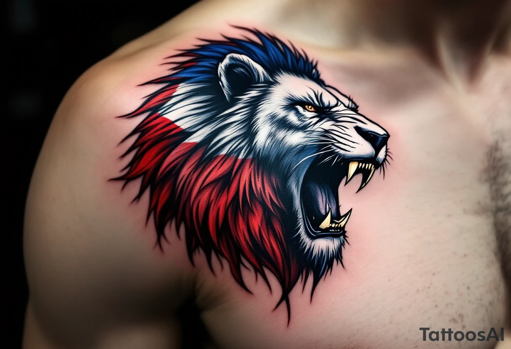 A Czech flag morphing into a roaring lion, symbolizing national pride and strength, with deep red, white, and royal blue tones. tattoo idea