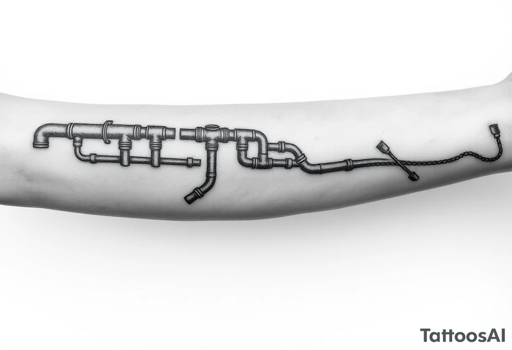 long System of pipes that transitions and transforms into veins of forearm. Top pipe starts closer to the elbow tattoo idea