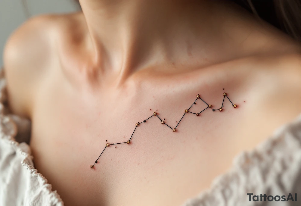 A Sagittarius constellation with stars as tiny gold dots connected by soft gray lines above the collarbone tattoo idea