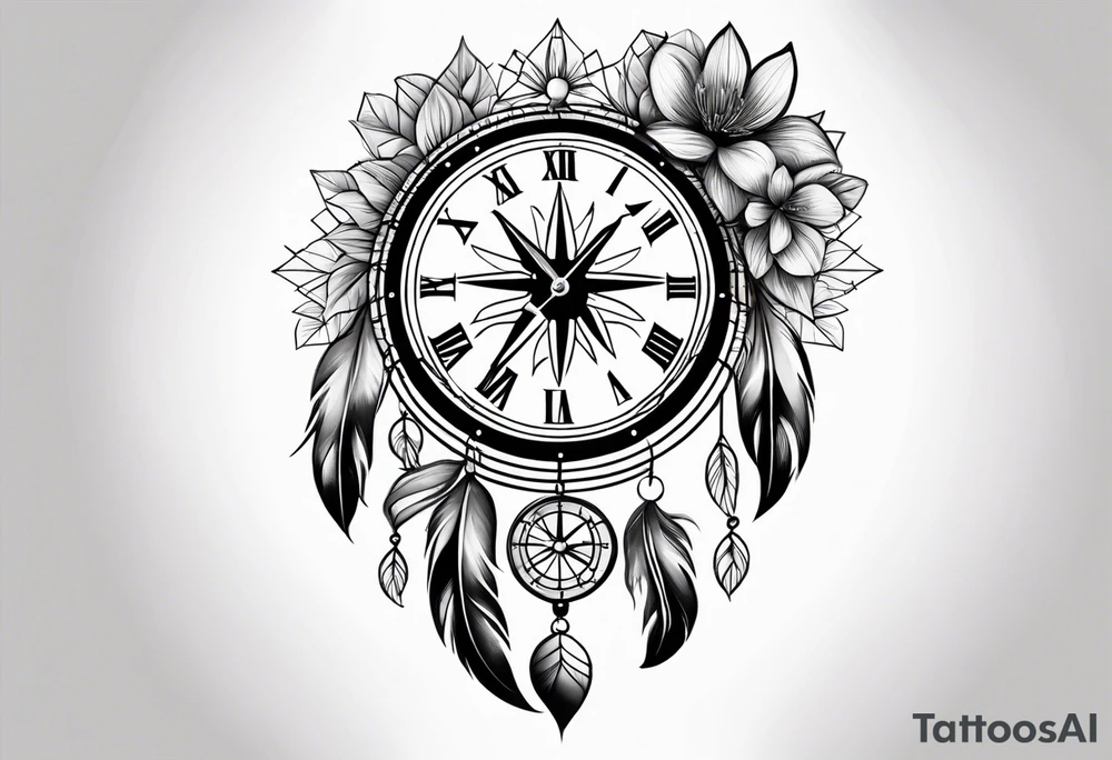 Dreamcatcher with the Magnoliaflower at the top the clock in the middle in the compass at the bottom tattoo idea