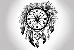 Dreamcatcher with the Magnoliaflower at the top the clock in the middle in the compass at the bottom tattoo idea