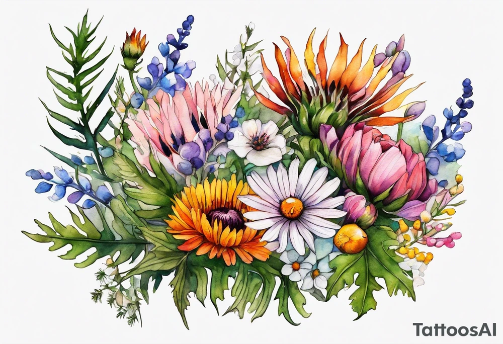 mixed wildflower cascading with thistles, ferns, burnt orange flower, white flowers, pink flowers, and yellow flowers all in watercolor tattoo idea