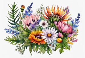 mixed wildflower cascading with thistles, ferns, burnt orange flower, white flowers, pink flowers, and yellow flowers all in watercolor tattoo idea