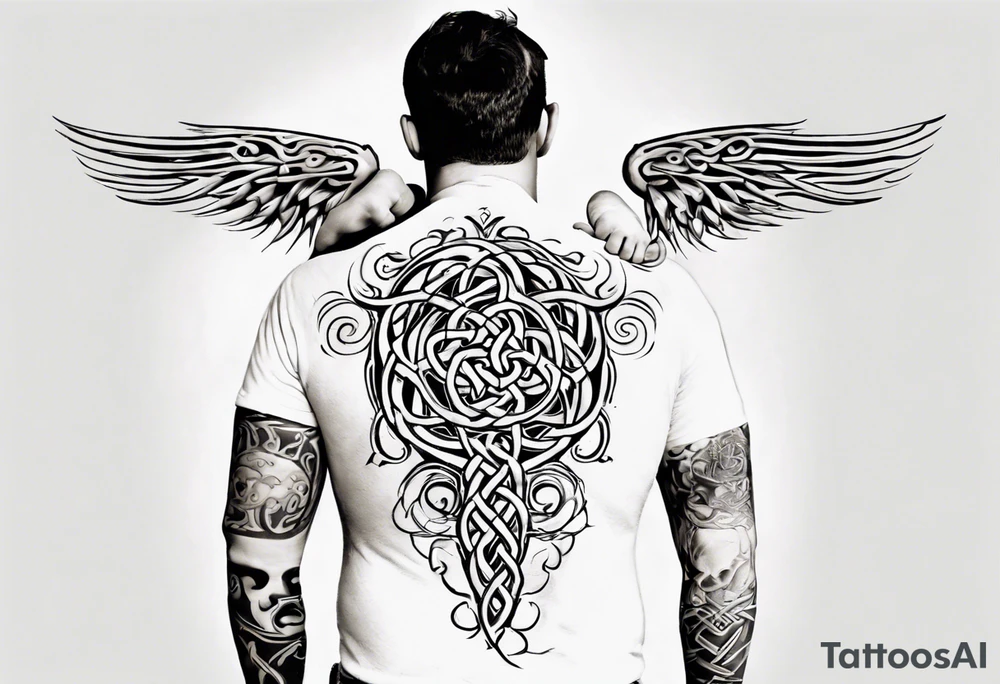 a father with a son on each shoulder from behind. A subtle design on their backs of celtic music.

This tattoo would fit on a calf. tattoo idea