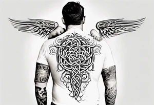 a father with a son on each shoulder from behind. A subtle design on their backs of celtic music.

This tattoo would fit on a calf. tattoo idea