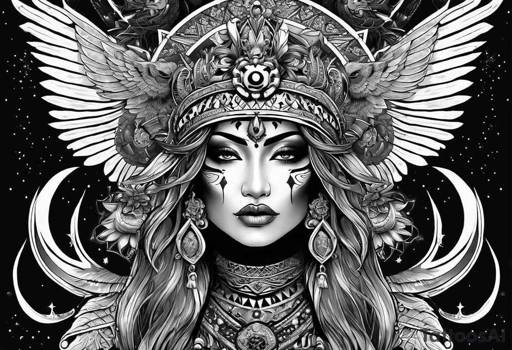 black kali, goddess pirate, alien, pachamama, valkrye, warrior, skull, lotus azul, wing, eagle, zenza resonance, stars, 5D tattoo idea