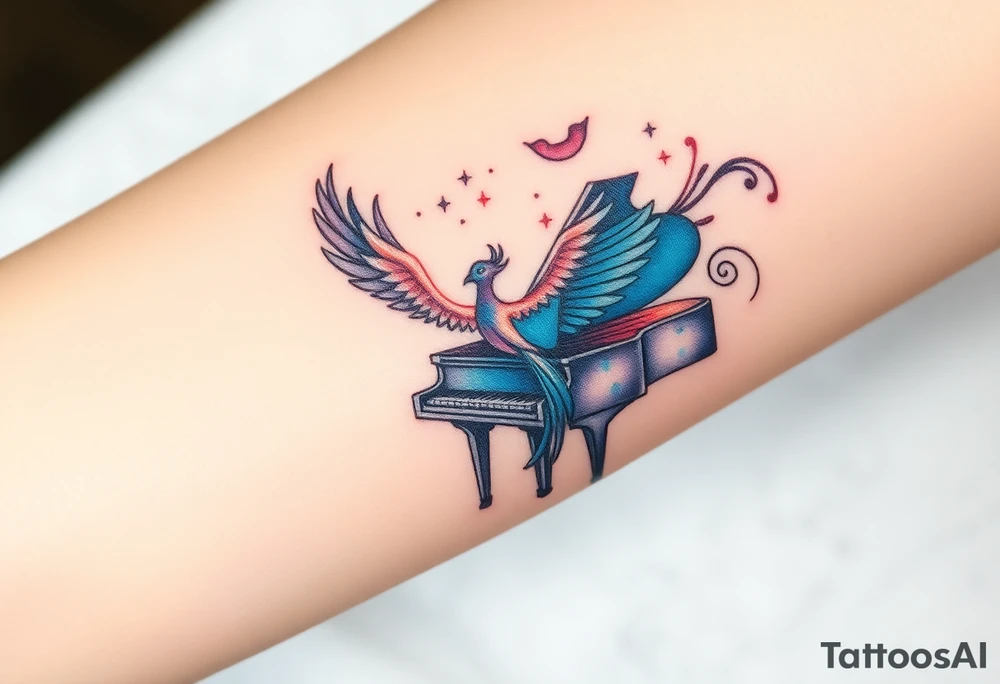 dream grand piano under the stars swirl pheonix tattoo idea