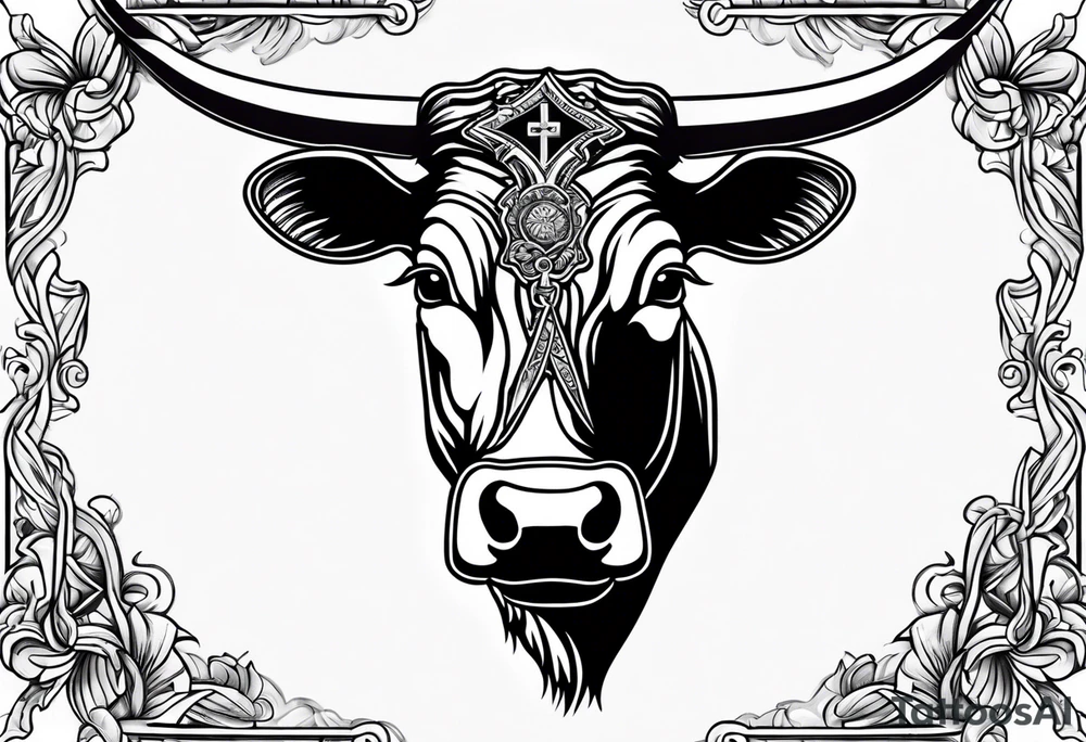 leather  detail with cow tag and cross sleeve tattoo idea