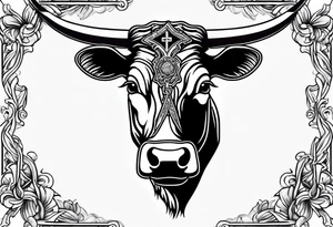 leather  detail with cow tag and cross sleeve tattoo idea