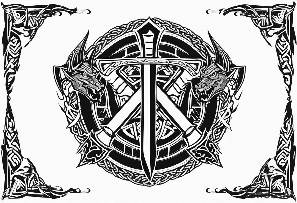 Valhalla sword shield dragon axe Valknut barbed wire chains tribal tattoo idea Valhalla sword shield dragon axe Valknut barbed wire chains tribal tattoo idea