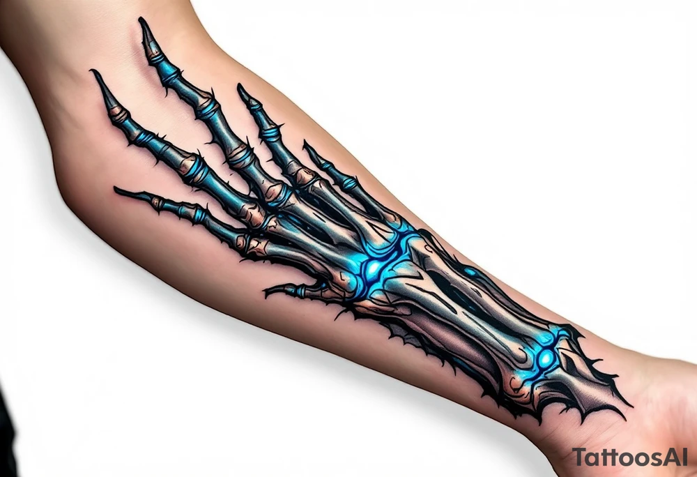 A hybrid forearm revealing graphite-colored artificial tendons under realistic shaded skin, accented with electric-blue joints. tattoo idea