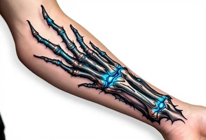 A hybrid forearm revealing graphite-colored artificial tendons under realistic shaded skin, accented with electric-blue joints. tattoo idea