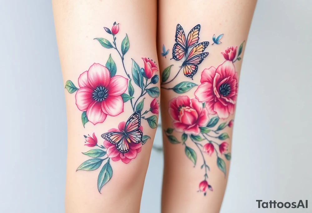 Realistic roses tulips and lilies 
and leaves and butterflies with embellishments that goes down and wraps around the leg tattoo idea