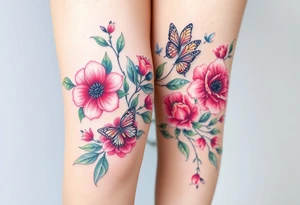 Realistic roses tulips and lilies 
and leaves and butterflies with embellishments that goes down and wraps around the leg tattoo idea