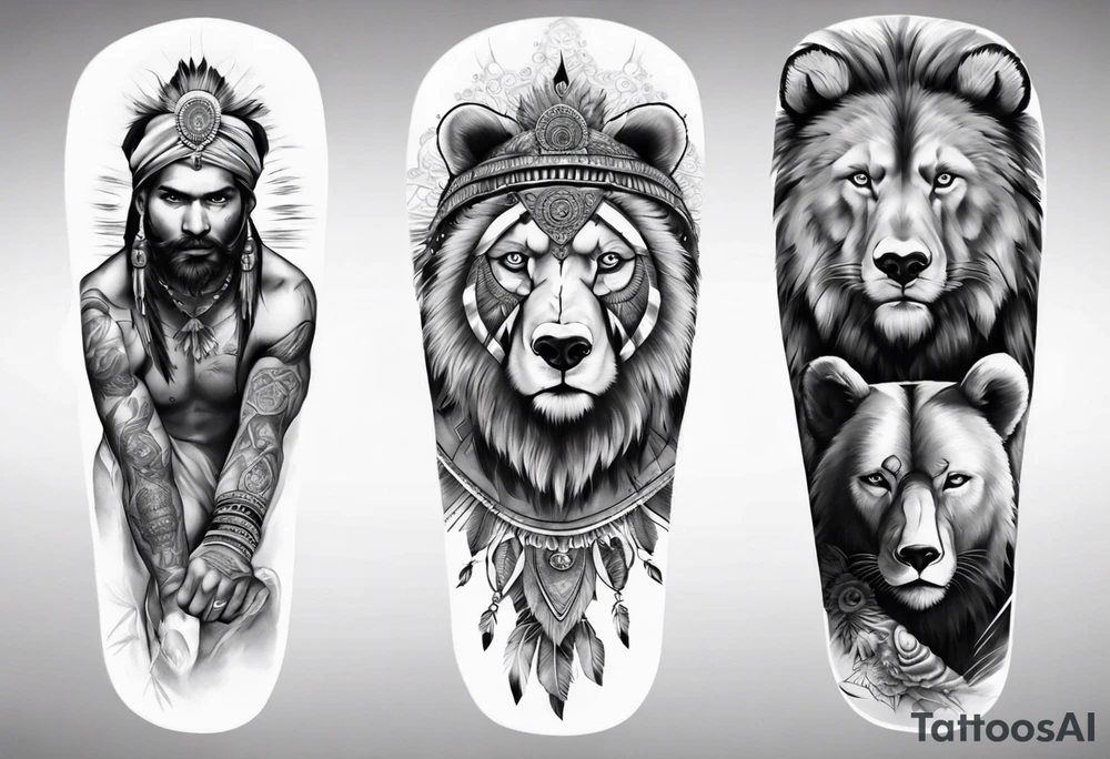indian realistic leg sleeve, with both indian humans and a bear and maybe a lion tattoo idea