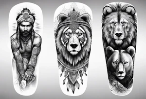 indian realistic leg sleeve, with both indian humans and a bear and maybe a lion tattoo idea