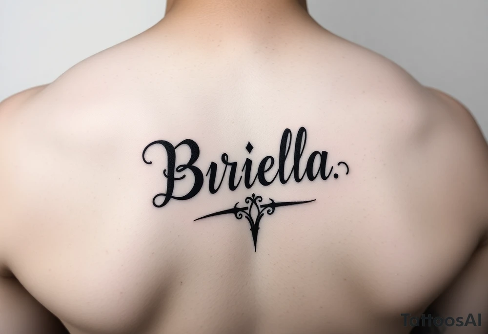 "Briella" in gangster gothic font on hand along thumb tattoo idea