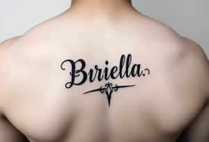 "Briella" in gangster gothic font on hand along thumb tattoo idea