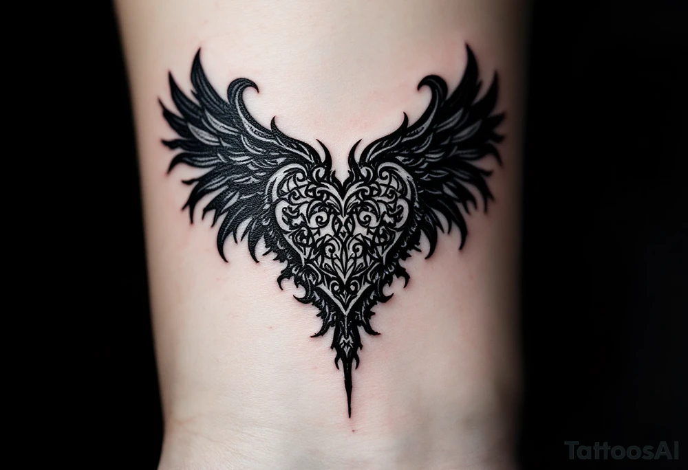 A black heart with intricate tattoos on its surface, paired with dark, gothic angel wings, representing love that is both beautiful and intense. tattoo idea