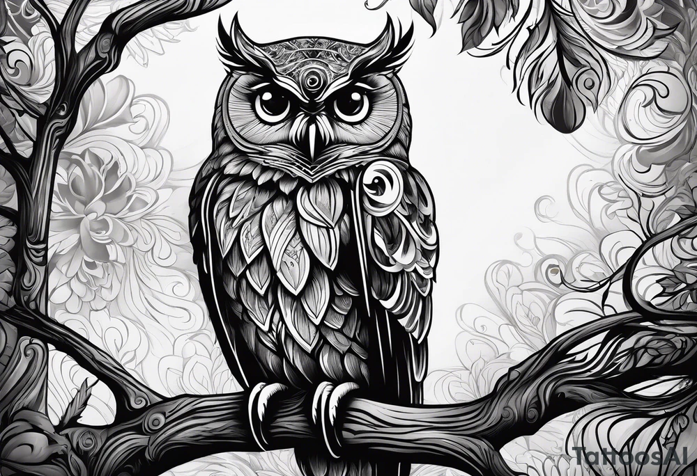 “A wise owl perched on a branch, with large, expressive eyes and intricate feather patterns, representing wisdom tattoo idea