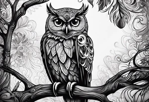 “A wise owl perched on a branch, with large, expressive eyes and intricate feather patterns, representing wisdom tattoo idea