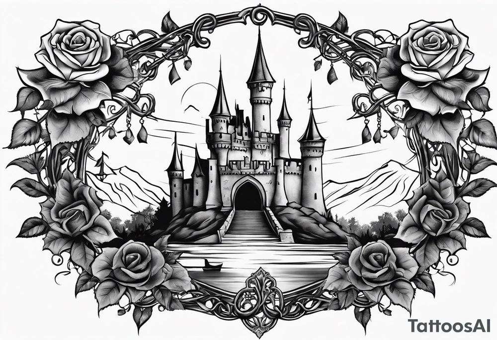 tattoo fool sleeve, old broken gothic castle, broken sword, tree roots break out of the chains, roses tattoo idea