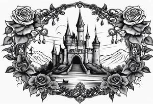 tattoo fool sleeve, old broken gothic castle, broken sword, tree roots break out of the chains, roses tattoo idea