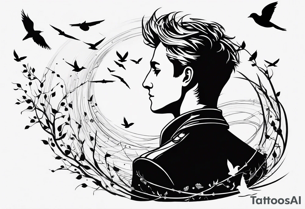 the little prince flying with birds that turn into Tris from Divergent Bird tattoo, that turns into the mockingjay, that turns into the deathly hallows symbol tattoo idea