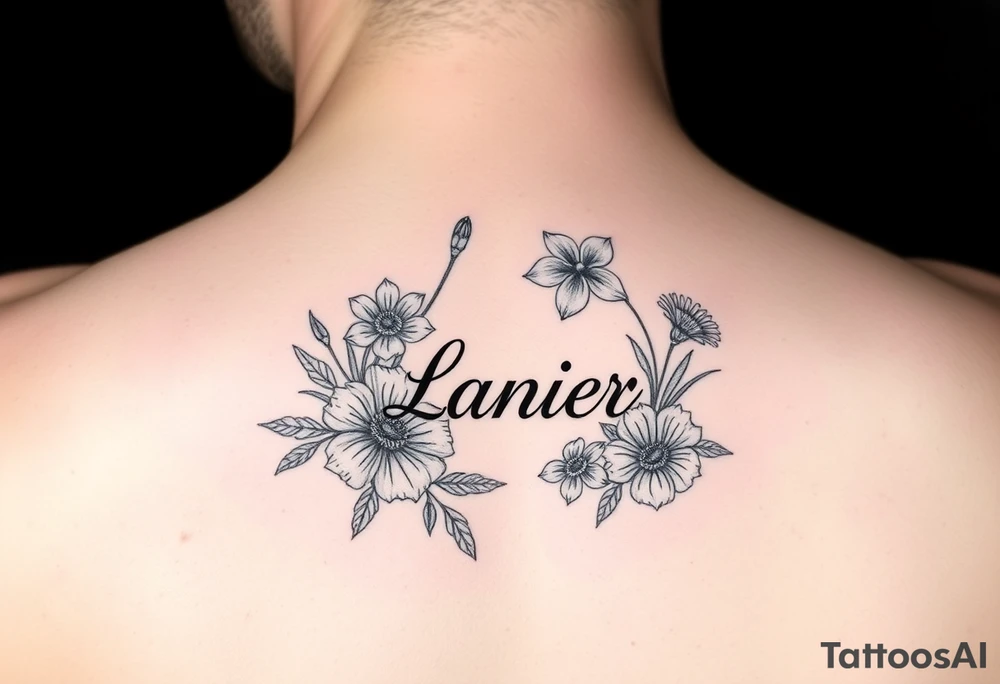 Birth flowers for the month of January February March May, June, July, August, November, and the name Lanier in cursive between the flowers on forearm sleeve tattoo idea