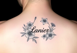 Birth flowers for the month of January February March May, June, July, August, November, and the name Lanier in cursive between the flowers on forearm sleeve tattoo idea