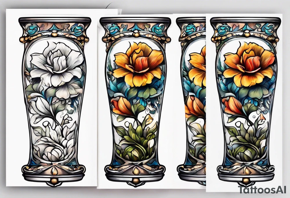 Hour glass sleeve with flowers tattoo idea