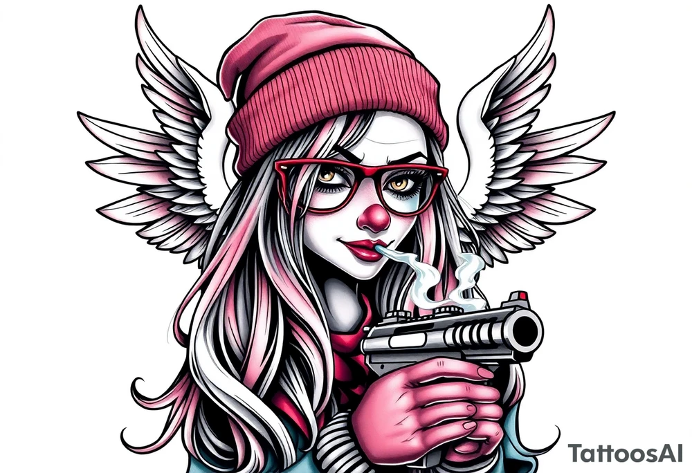 beautiful long hair Clown Girl thug beanie eyeglasses angel wings Gun smoke tattoo idea
